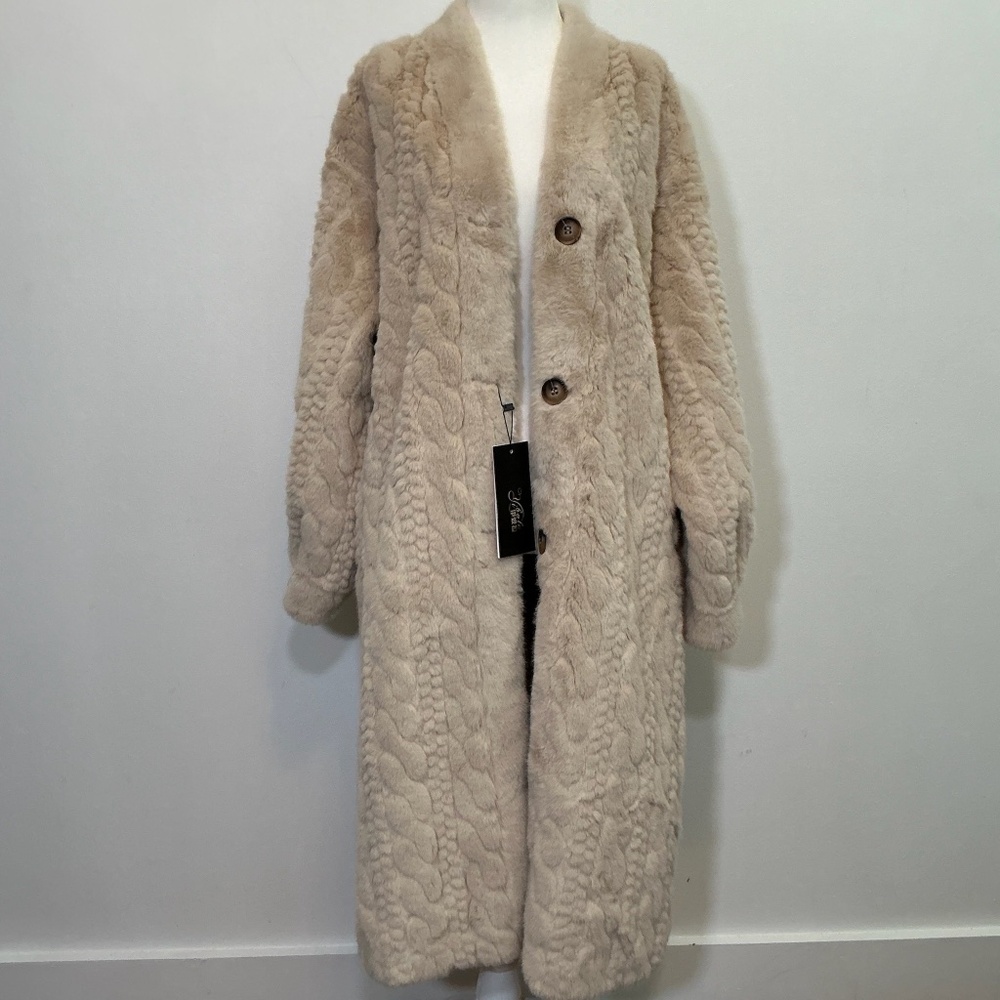 Faux fur cream long coat. New, never worn.